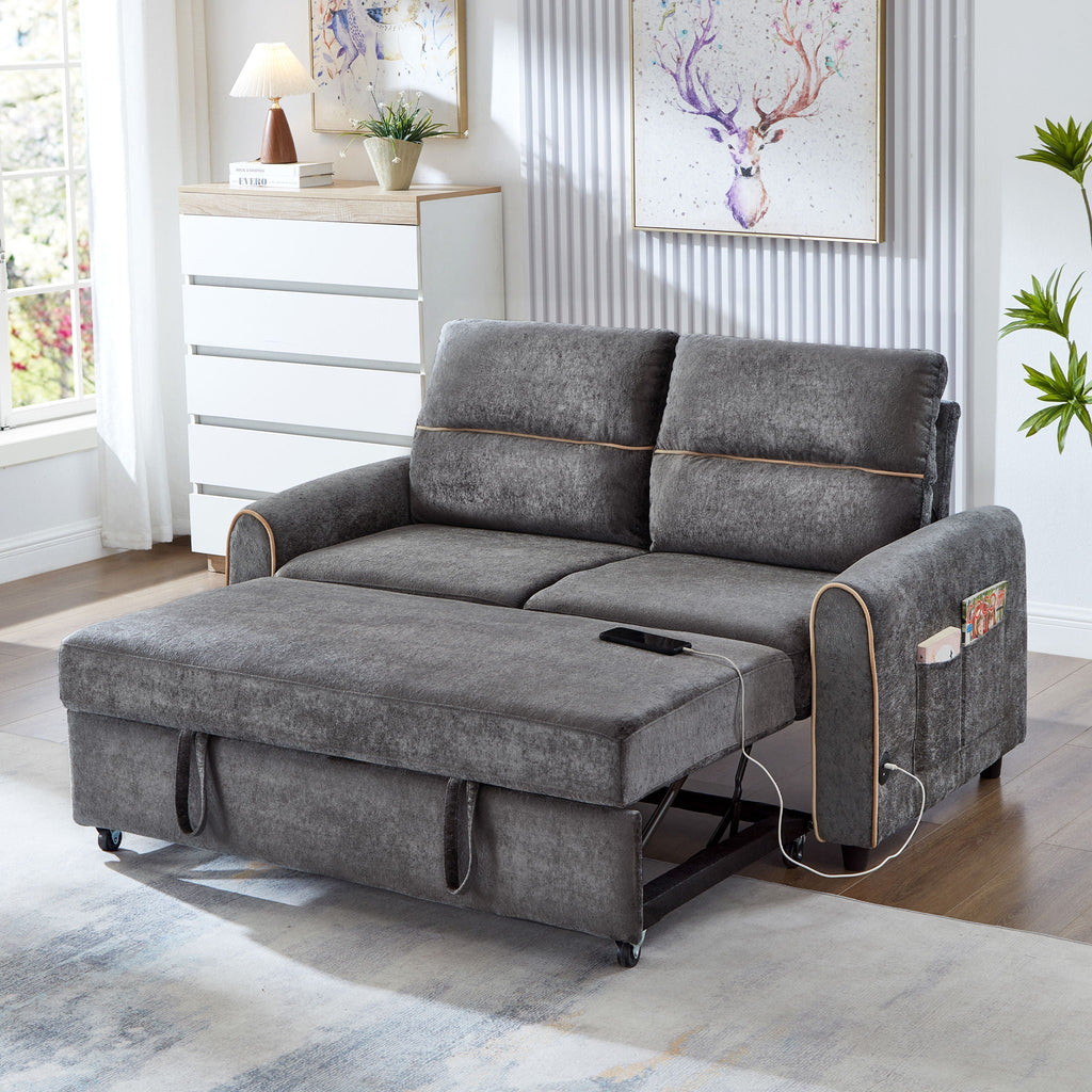 Pull Out Sofa Bed with Adjustable Backrest and USB Ports - Dark Gray, Black or Blue