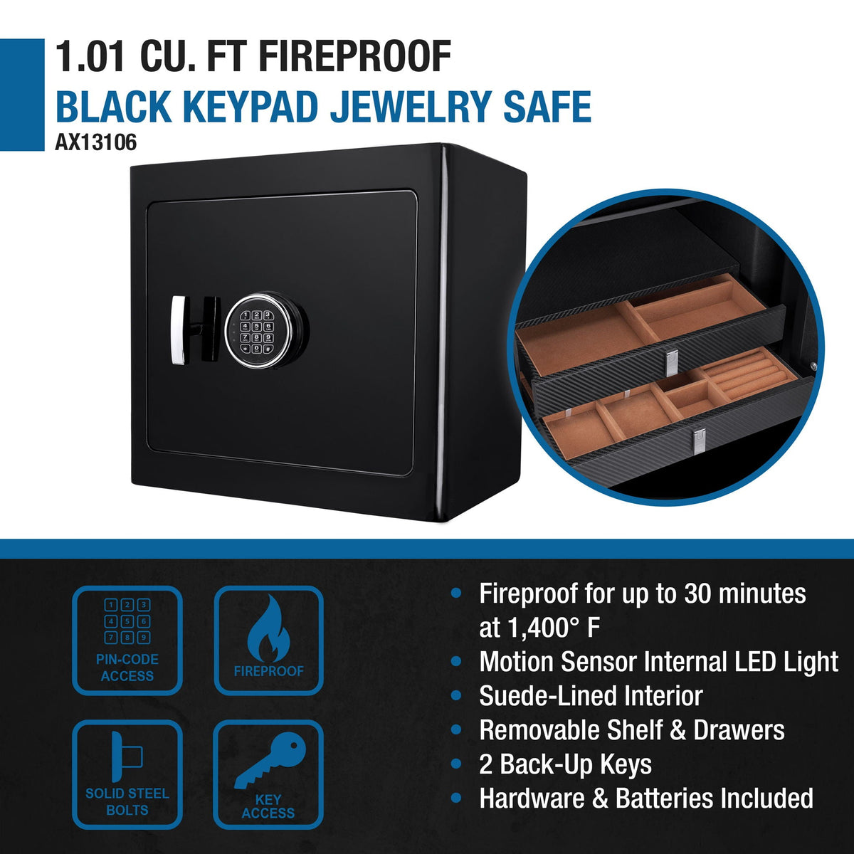 Durable Construction Jewelry Safe with Fireproof Protection - White or Black