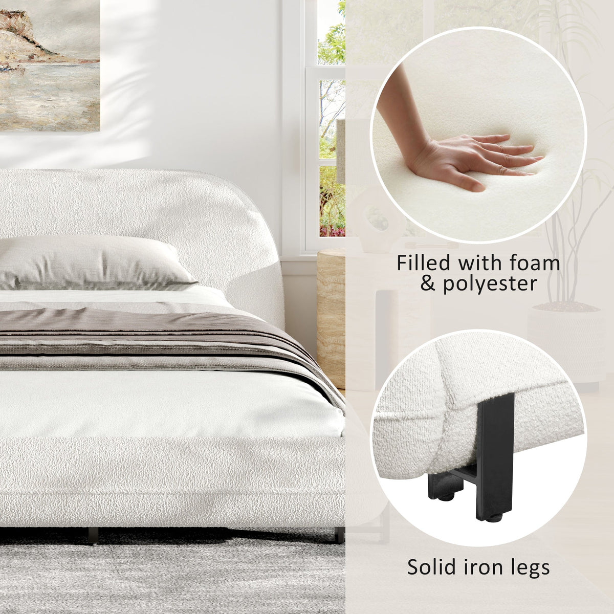 King Size Bed Frame with Boucle Fabric and Thick Headboard - Off White
