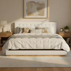 Solid Rubber Wood Platform Bed with Upholstered Headboard - White