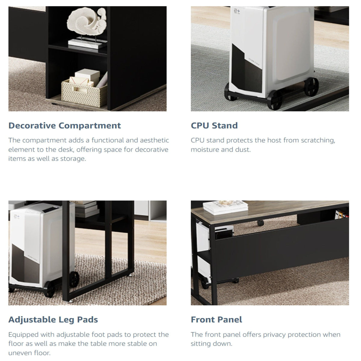 L-Shaped Executive Desk with Cabinet Storage - Dark Gray or Black