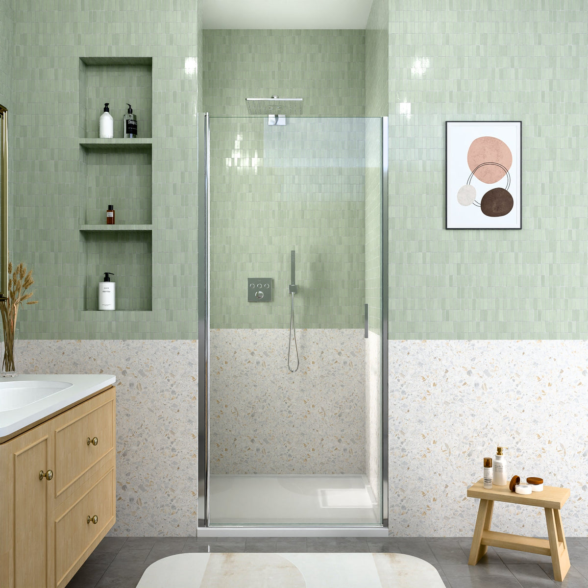 Semi-Frameless Pivot Shower Door with Magnetic Soft-Close - Chrome