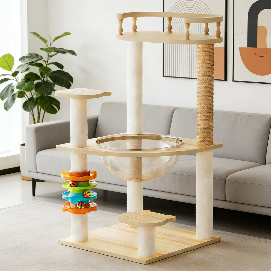 Modern Cat Tower with Scratching Posts and Acrylic Hammock - Natural+White