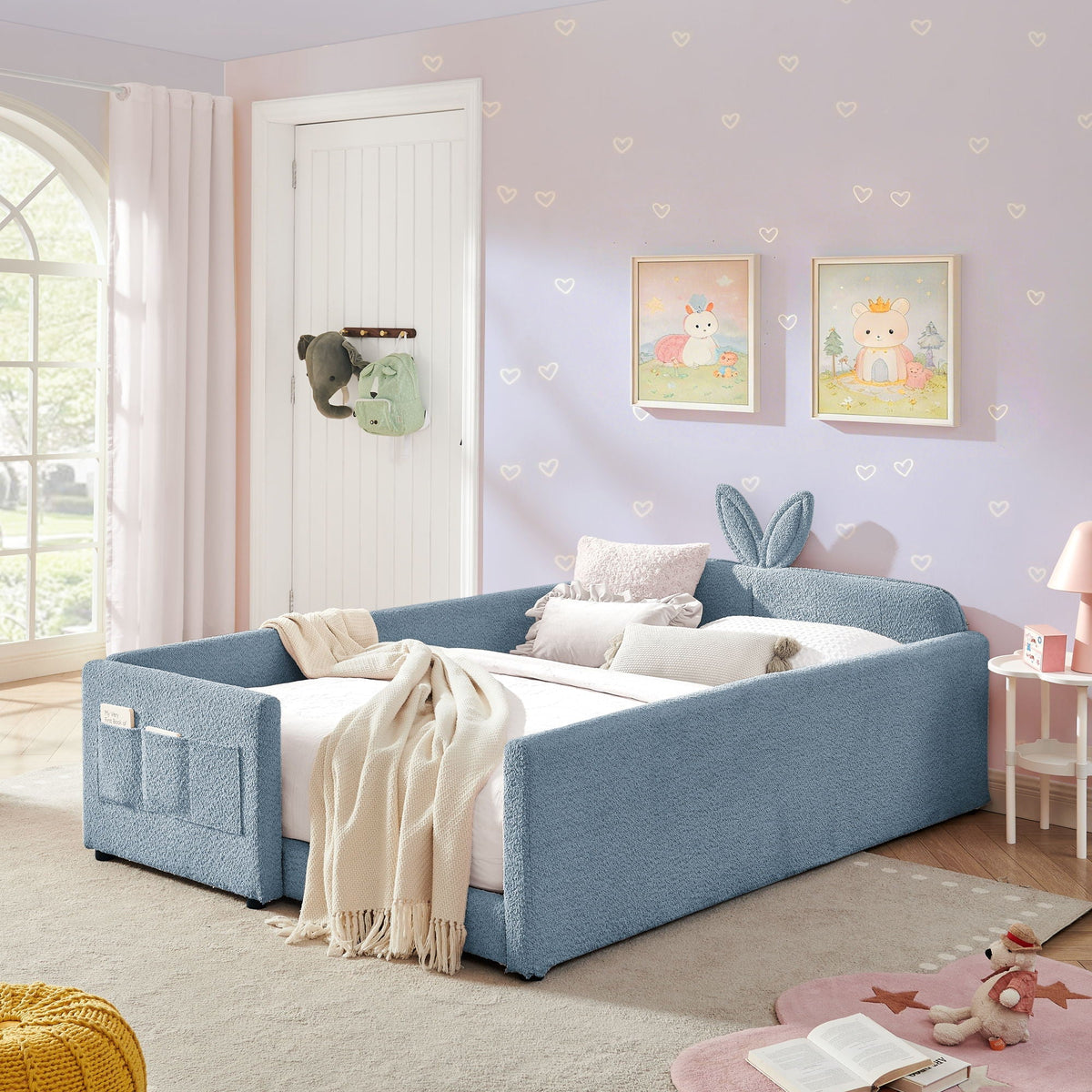 Cute Rabbit Ear Upholstered Platform Bed Frame with Safety Rail - Multiple Colors