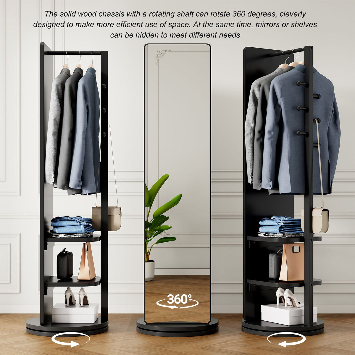 3 In 1 Multifunctional Full-Length Clothing Mirror with Rotating Design - Dark Brown, Black, White, Light Brown