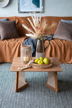 Teak Coffee Table with Teak and Rattan Construction - Natural Wood / Brown