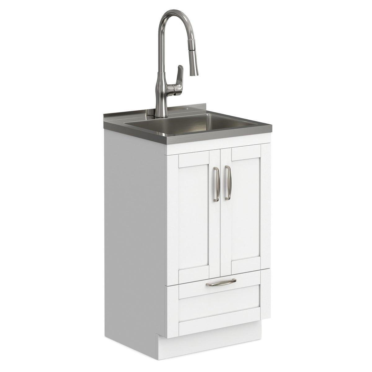 Deluxe Laundry Cabinet with Pull-Out Faucet and Stainless Steel Sink - White