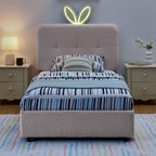 Upholstered Storage Bed with Oversized Rabbit Ear Headboard & LED Lights - Beige or Light Blue