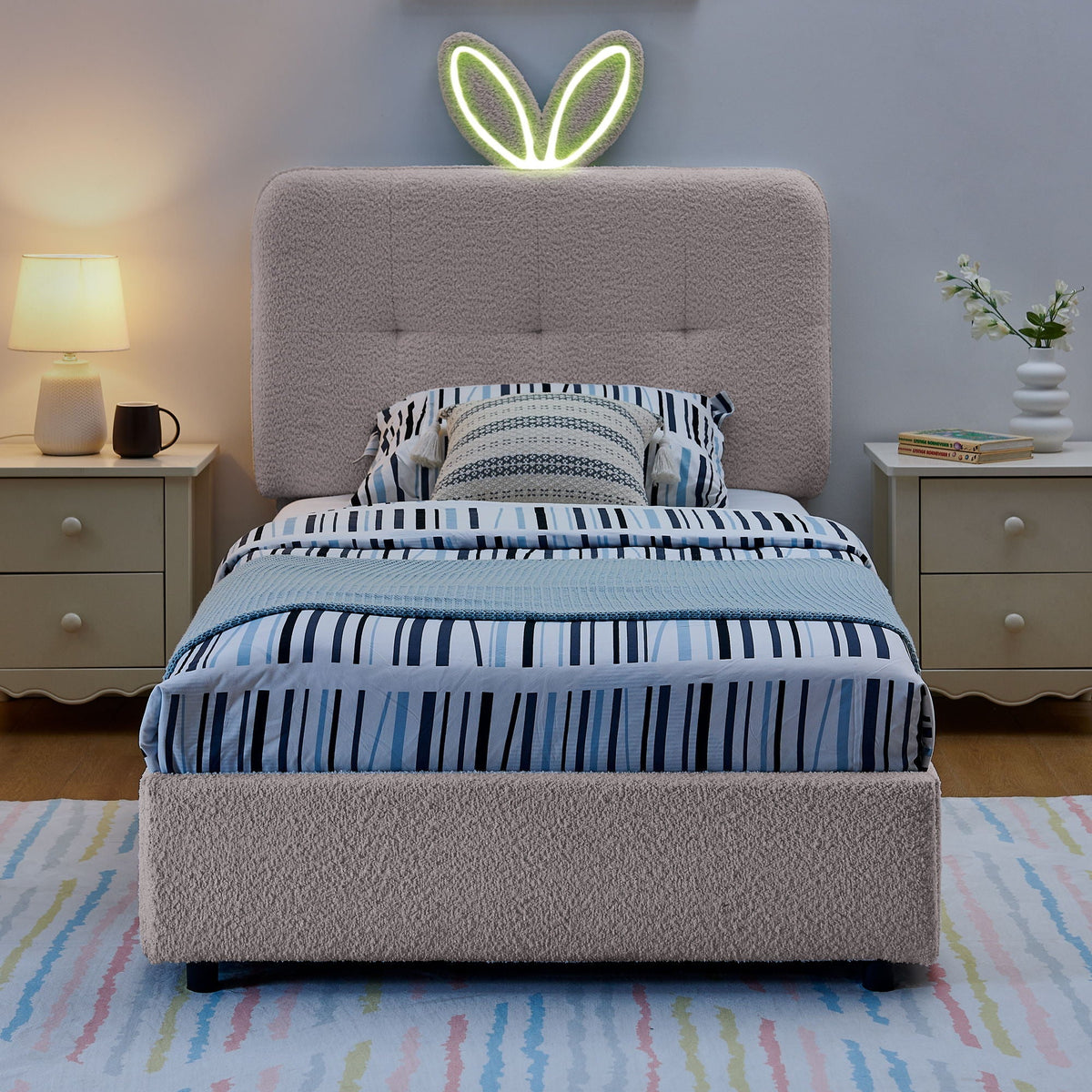Upholstered Storage Bed with Oversized Rabbit Ear Headboard & LED Lights - Beige or Light Blue