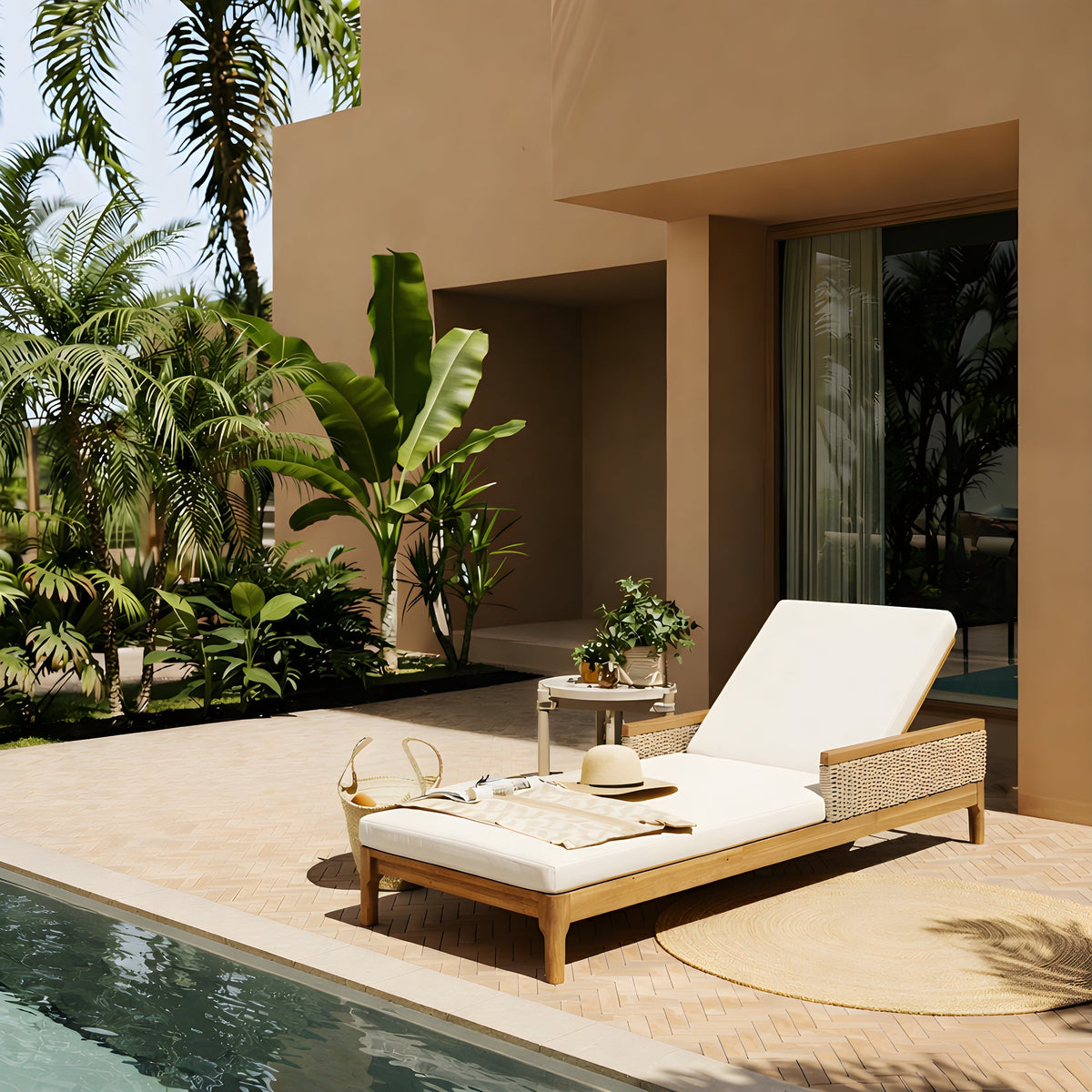 Solid Acacia Wood Sun Lounger with Waterproof Beige Cushions - Light Grey Wicker