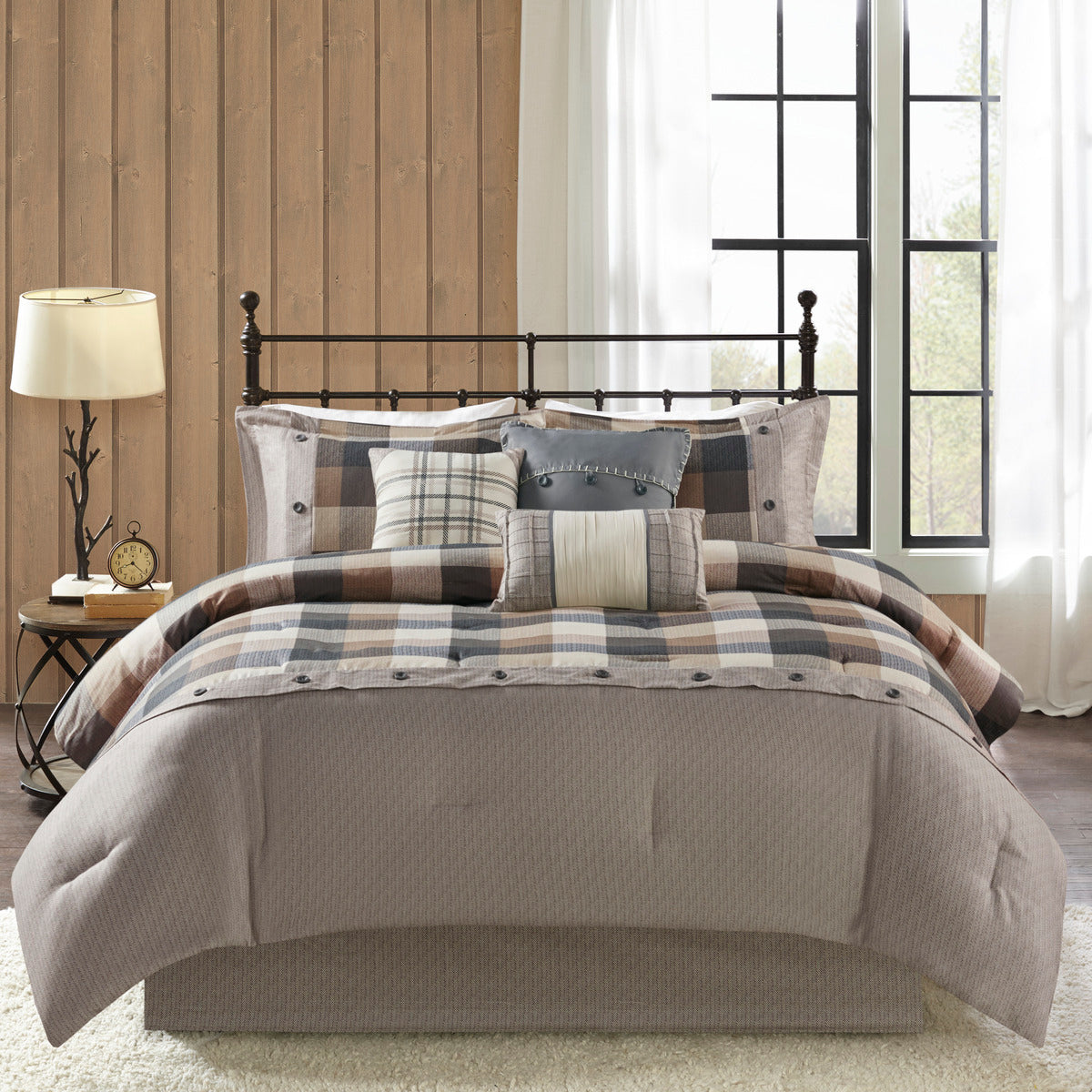 Herringbone Comforter Set with Buffalo Plaid - King, Neutral, 7 Piece
