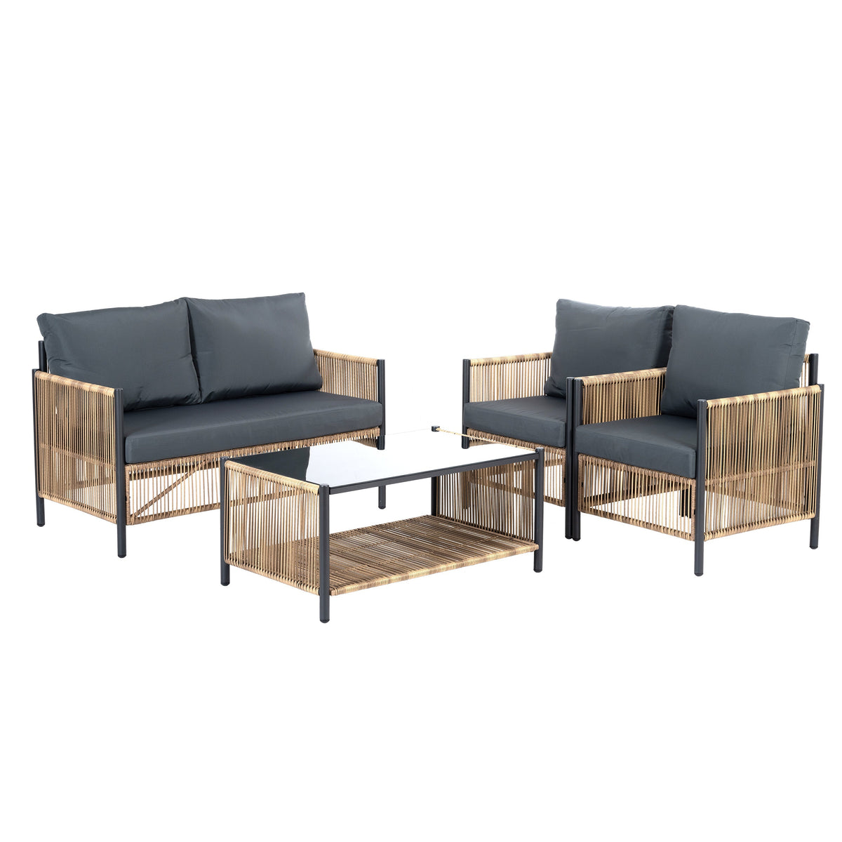 Patio 4-Piece Wicker Sofa Set with Grey Cushions - Brown