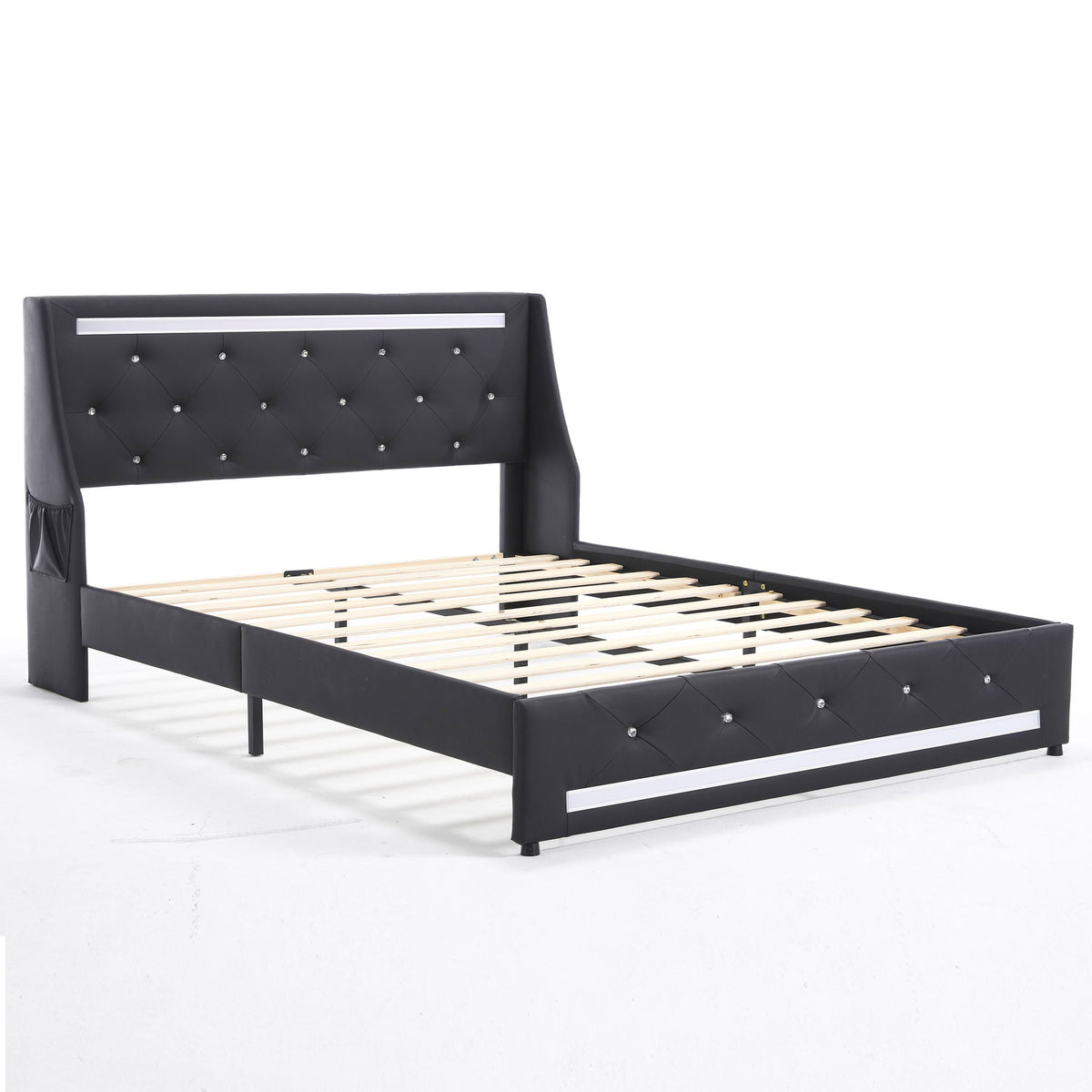 Wingback Upholstered Bed Frame with LED Lights and Charging Station - Black or White