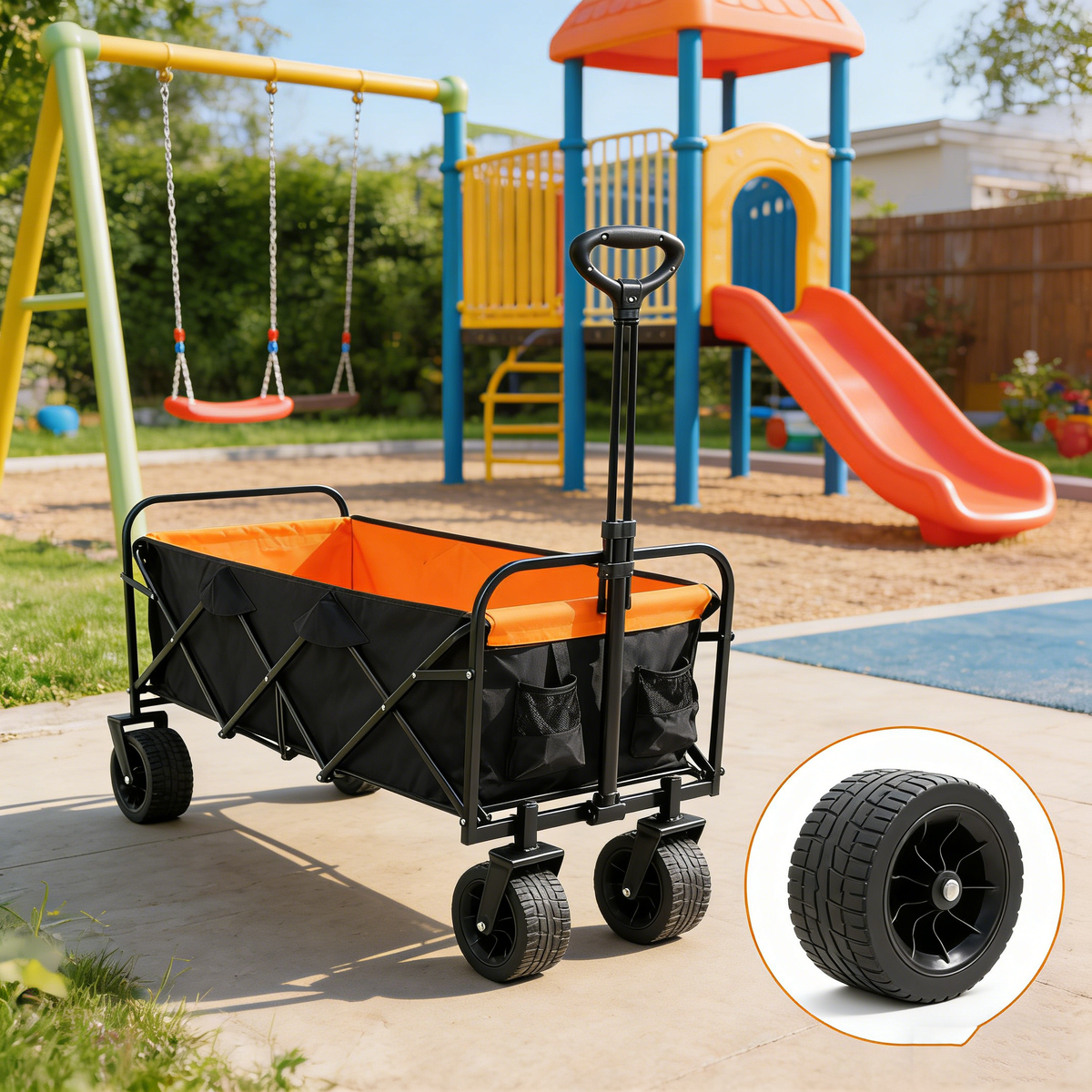 Large Capacity Folding Outdoor Wagon Cart with Extender - Black & Orange