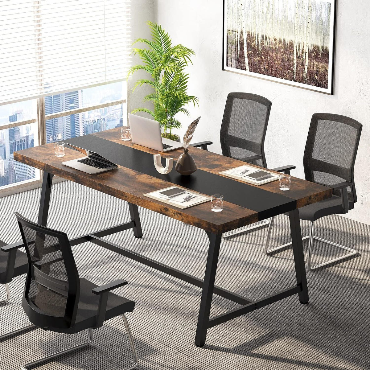 Modern Rectangular Conference Table for 6-8 People with Durable Frame - Dark Gray or Dark Brown