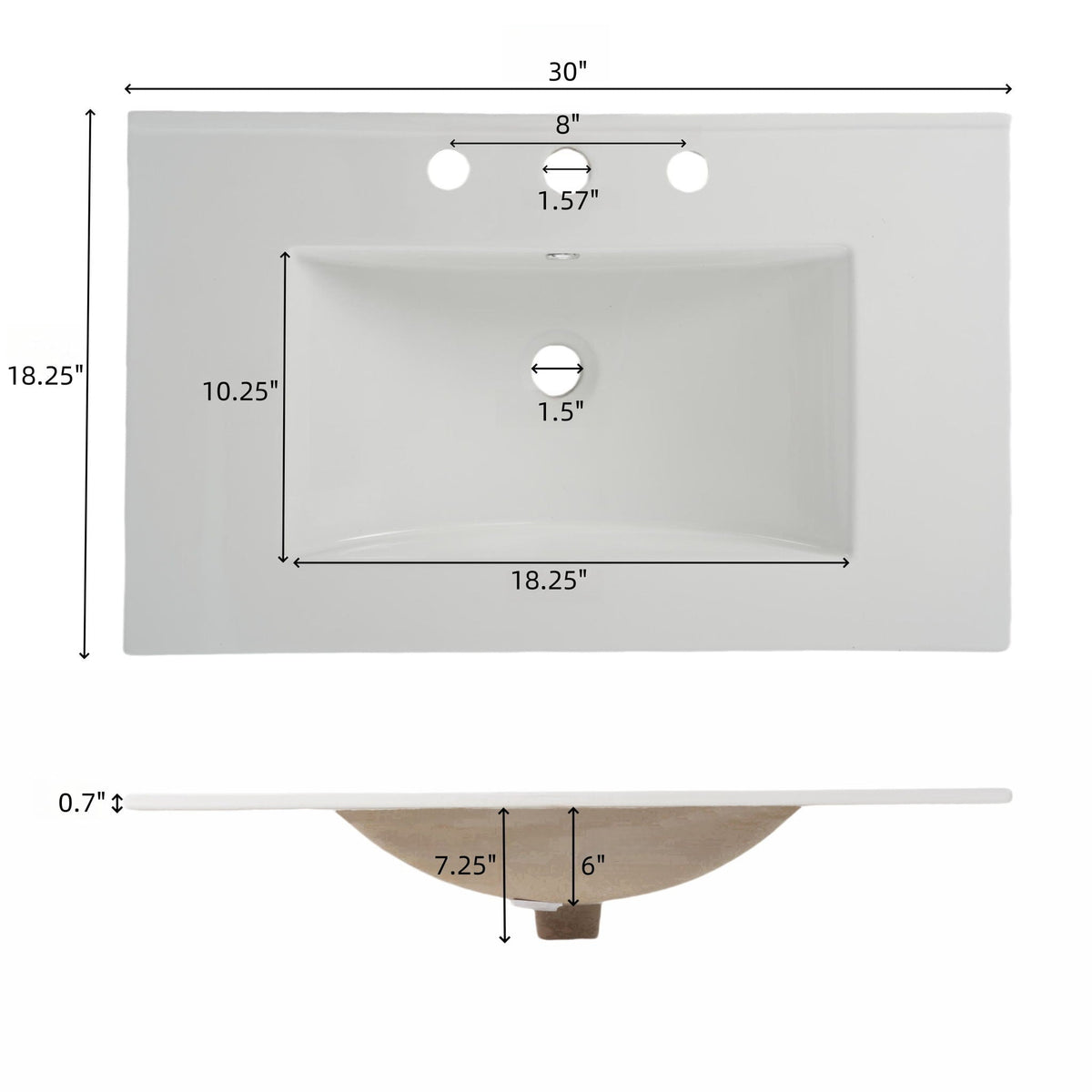 Fluted Bathroom Vanity with Ceramic Sink and Moisture-Proof Cabinet - 30" Wide
