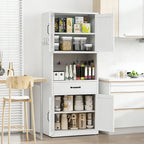 White Steel Kitchen Pantry Cabinet with Adjustable Shelves, Drawers and Hooks
