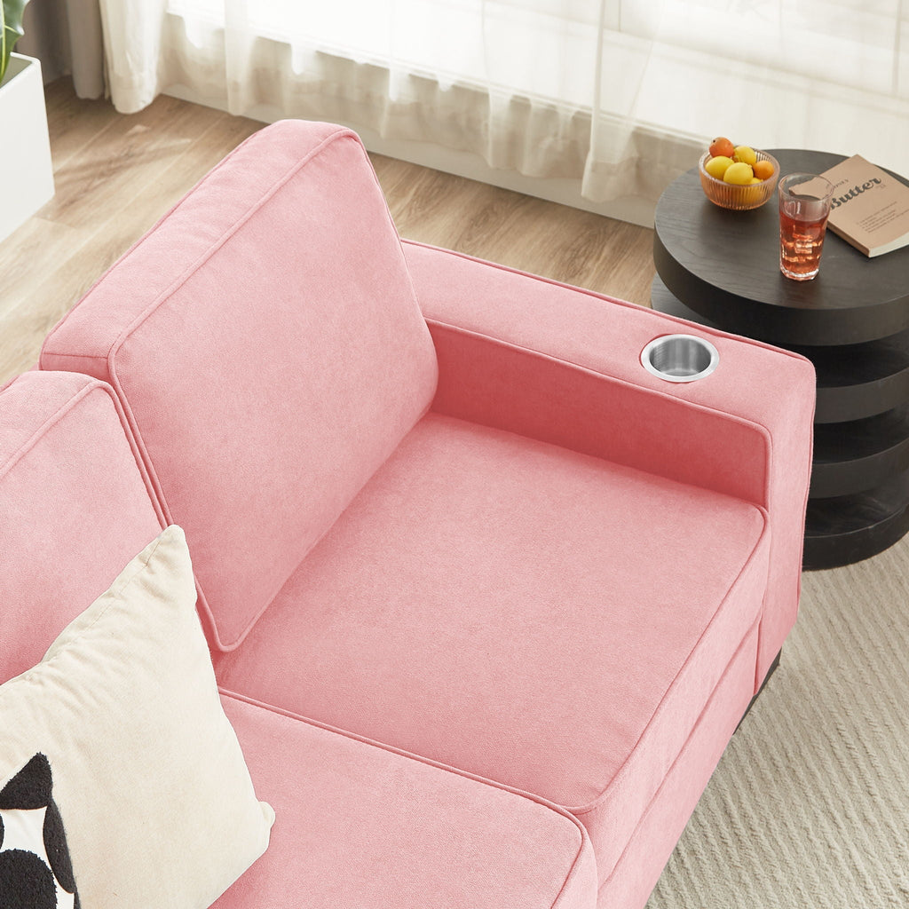 Modern Snowfleece Fabric 3 Seater Sofa with Cup Holder – Pink