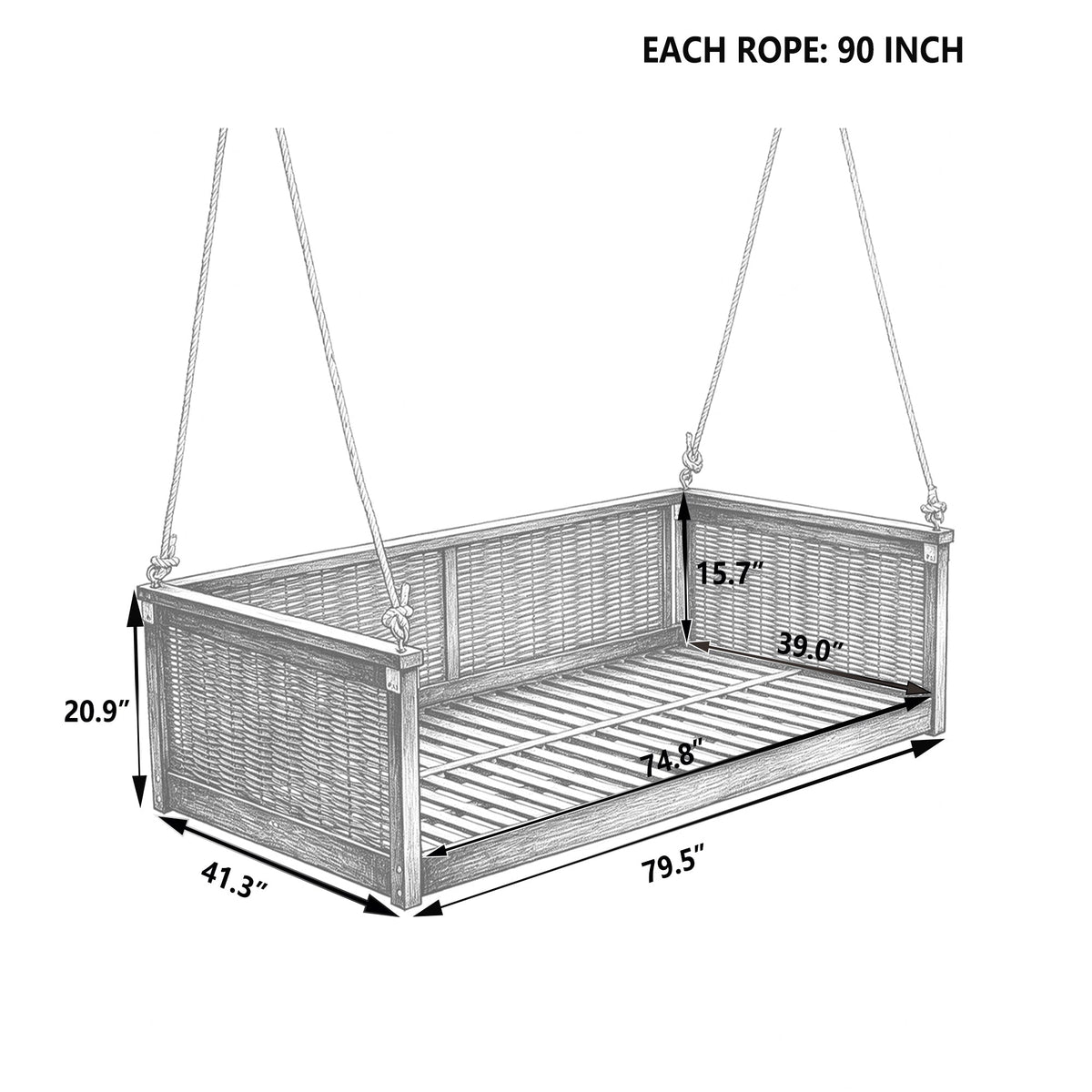 Solid Wood Twin Size Swing Bed with Handwoven Rattan - Natural Wood