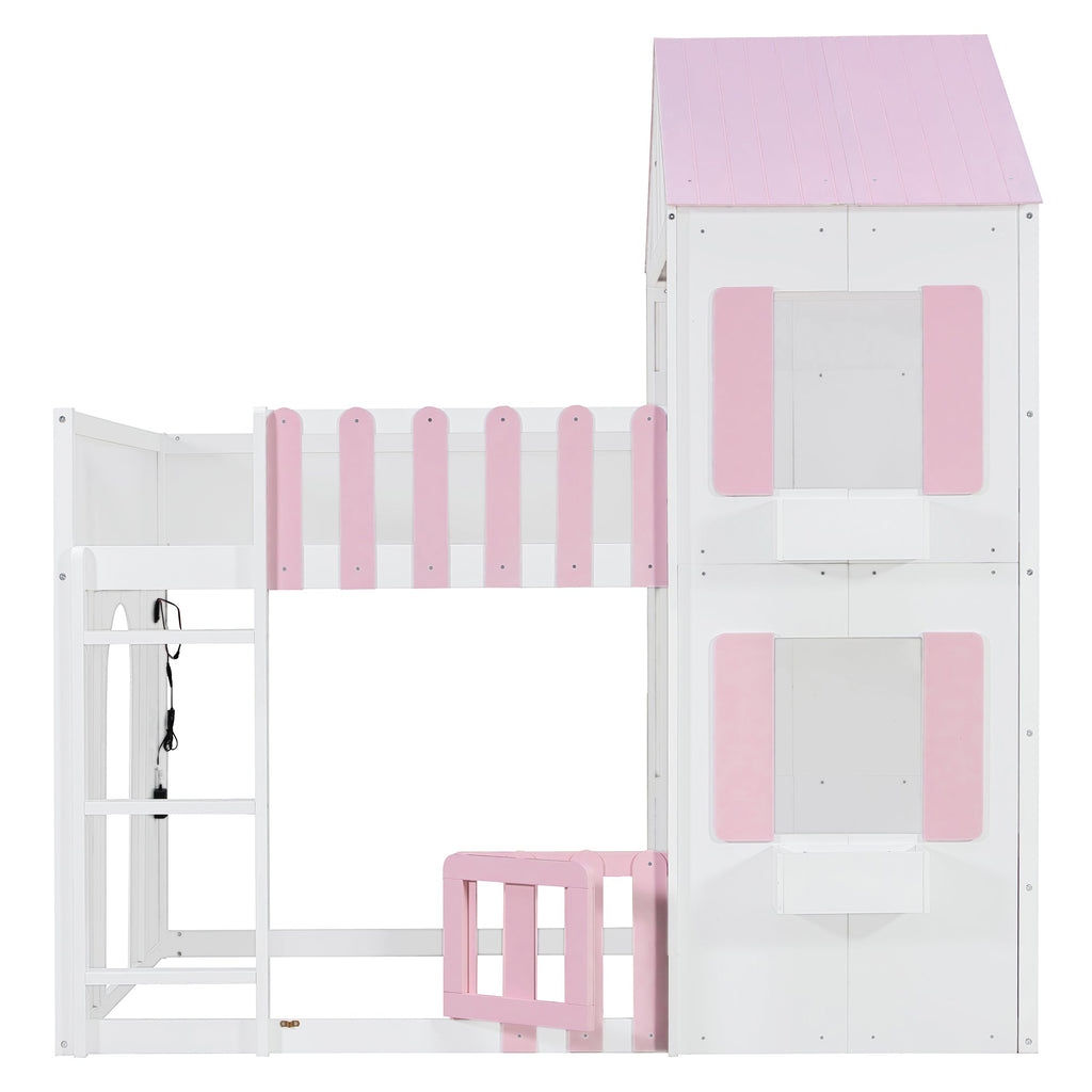Full Over Full House Bunk Bed with Storage - Pink