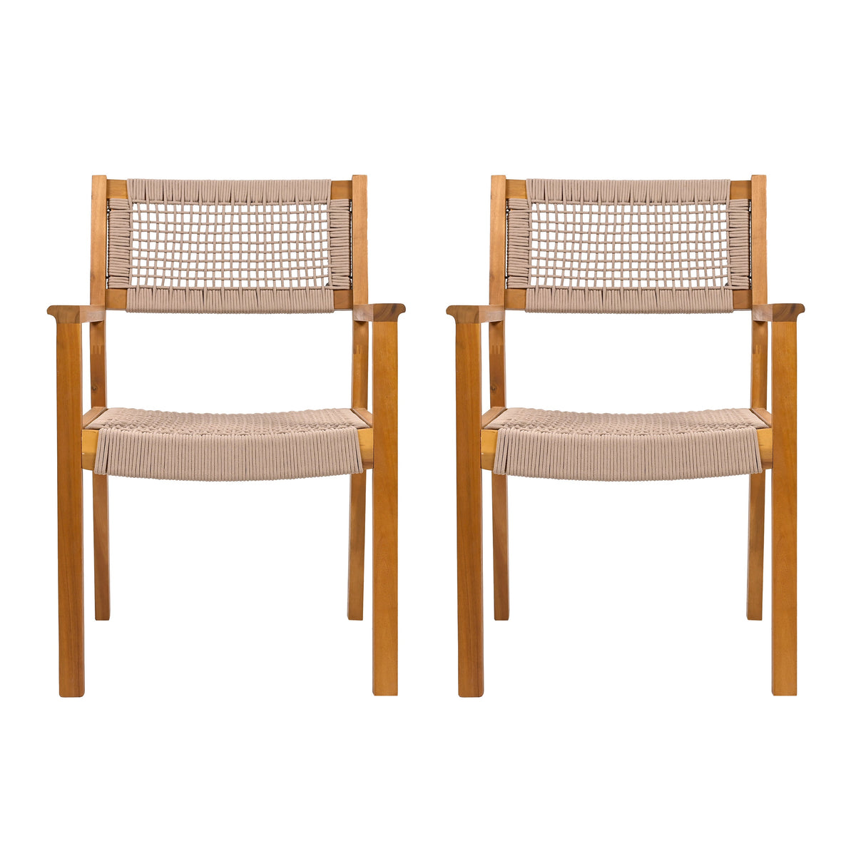 Braided Dining Chair Set of 2 with Acacia Wood & Rope - Light Brown