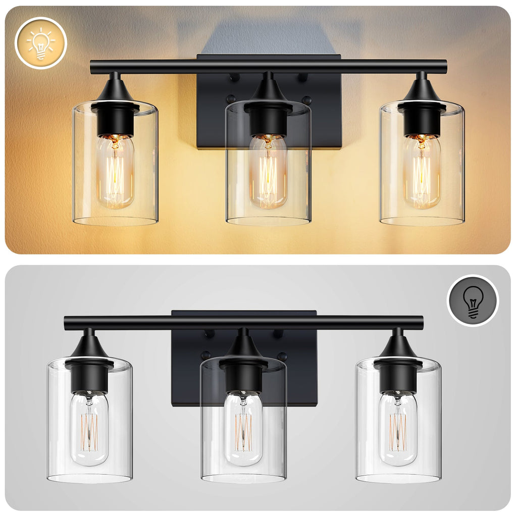 3-Light Matte Bathroom Vanity Wall Light with Clear Glass Shades - Black