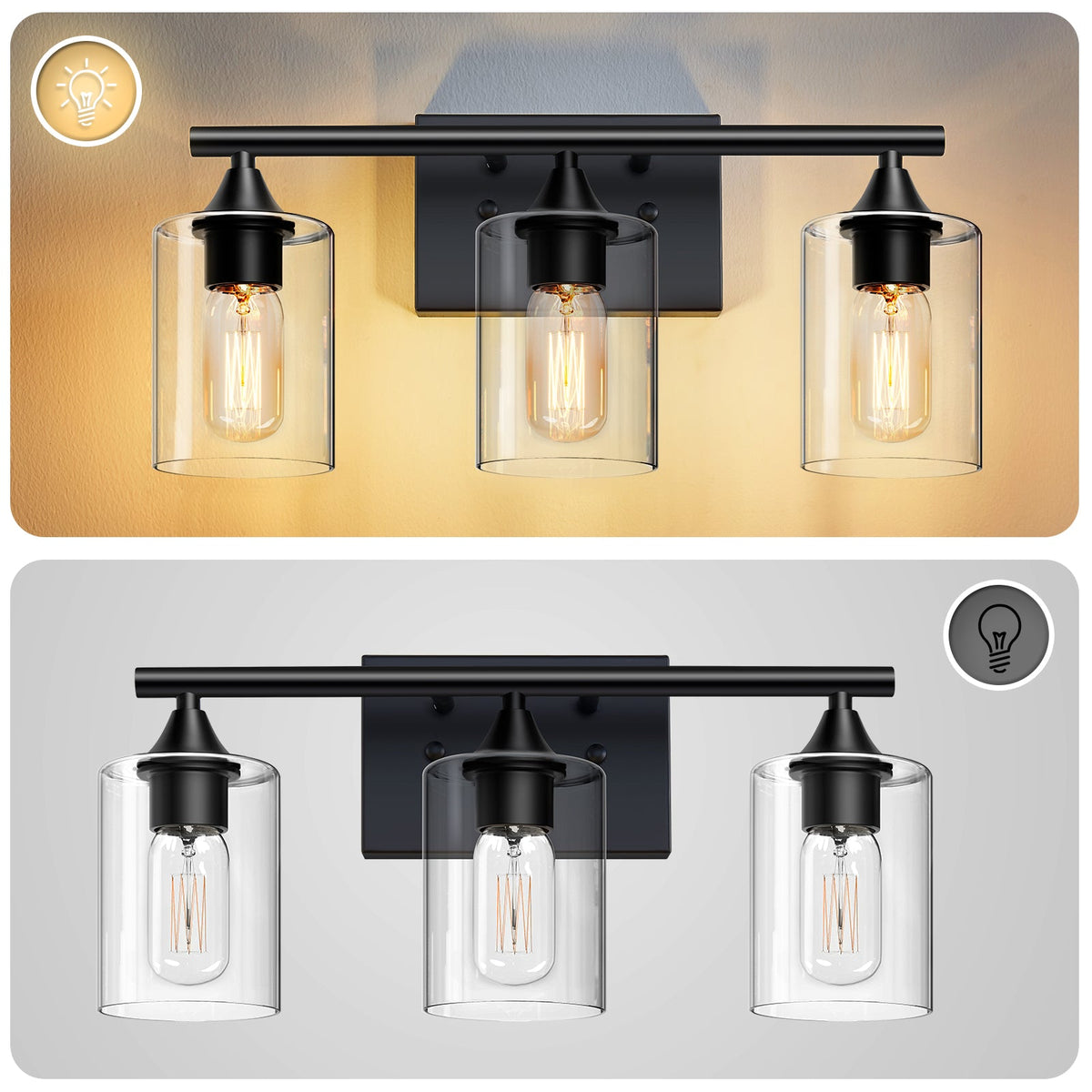 3-Light Matte Bathroom Vanity Wall Light with Clear Glass Shades - Black