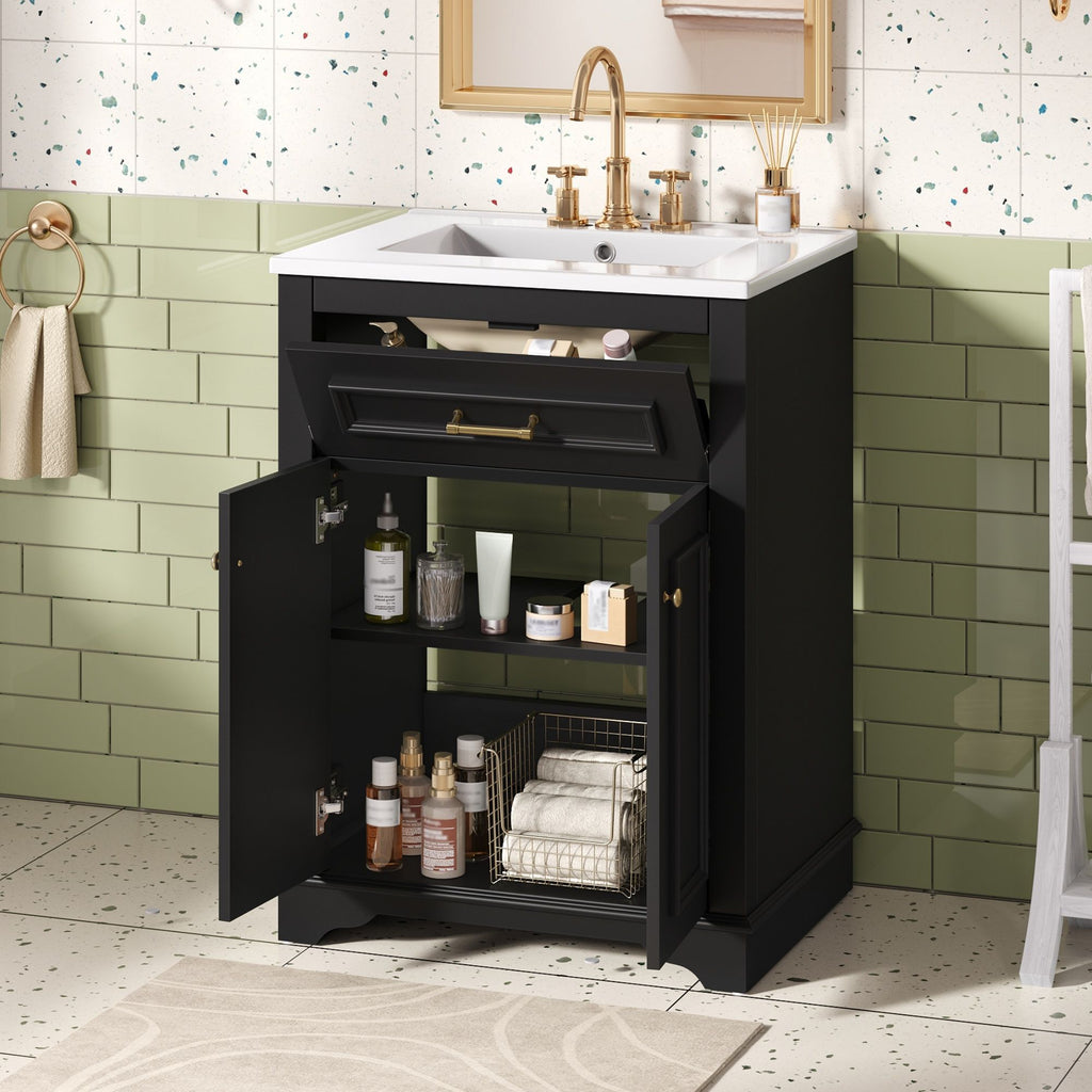 Bathroom Vanity with Integrated Sink and Storage Cabinet - Dark Green, Black, White