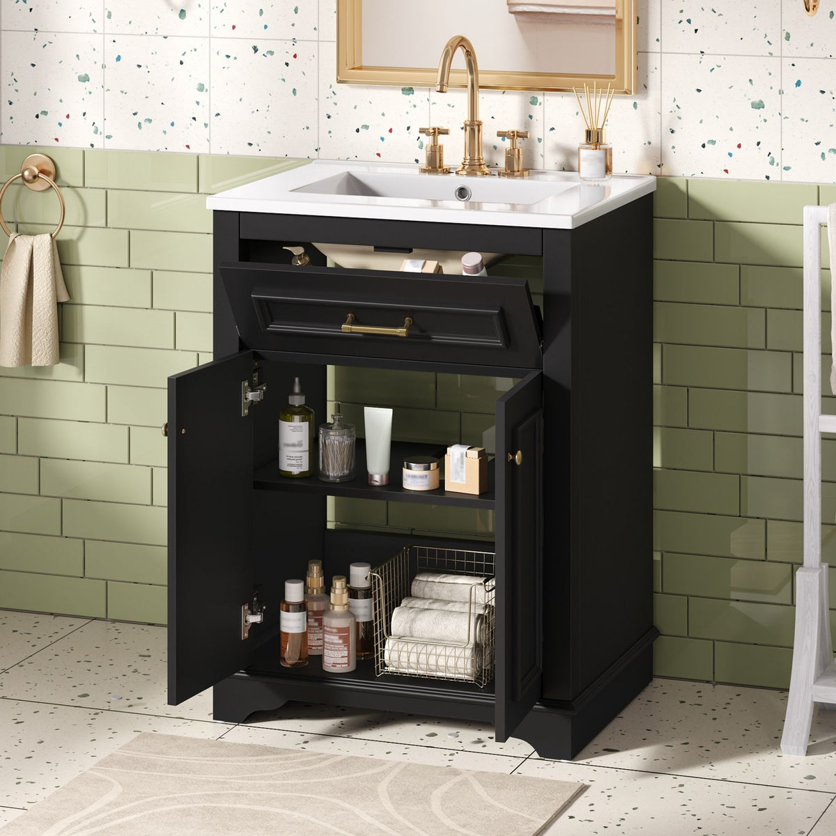 Bathroom Vanity with Integrated Sink and Storage Cabinet - Dark Green, Black, White