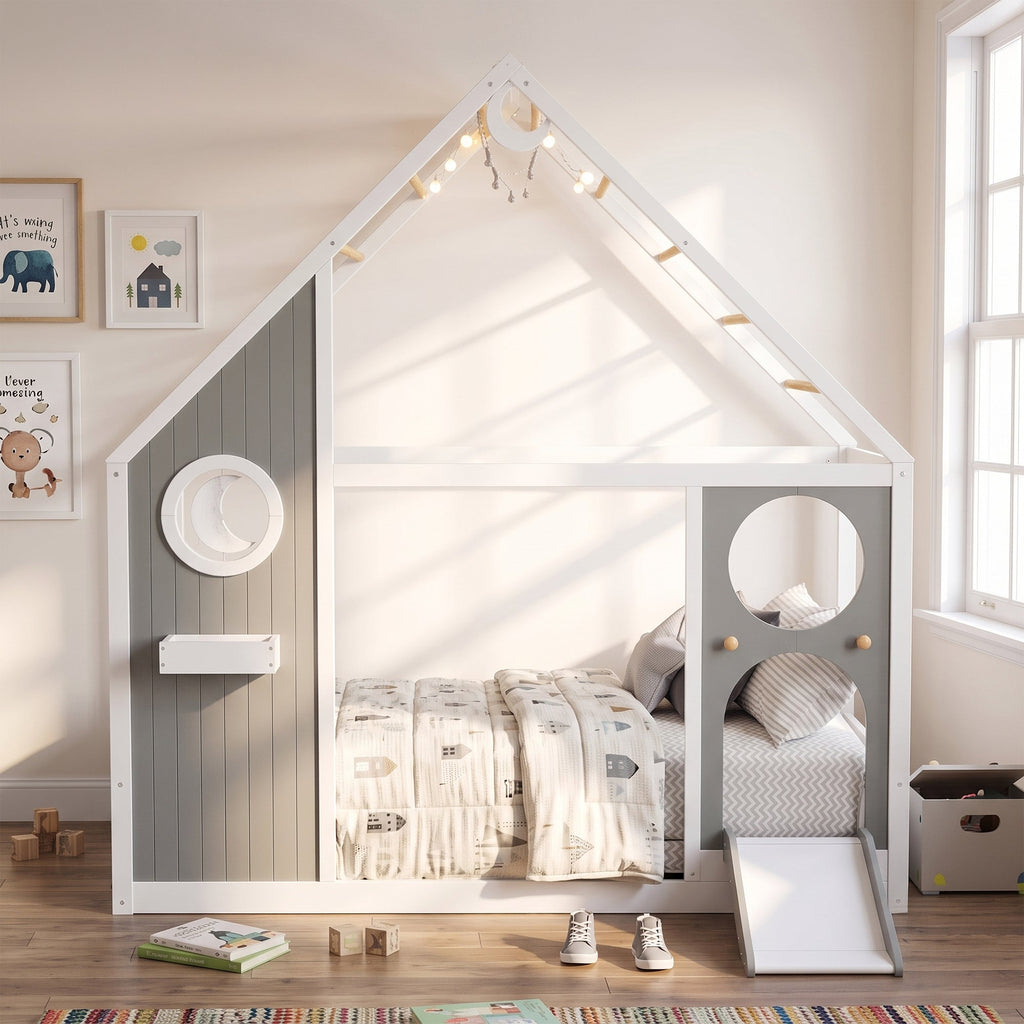 Twin House Bed with Slide and Ball Light Strip - Gray