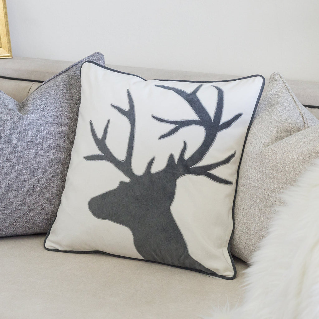 Holiday Reindeer Velvet Accent Pillow with Insert - White and Gray