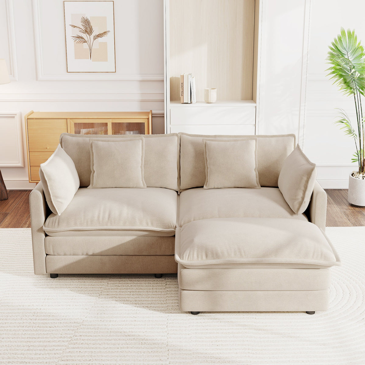 Chenille Two-Seater L-Shaped Sectional Sofa with Ottoman - Chenille