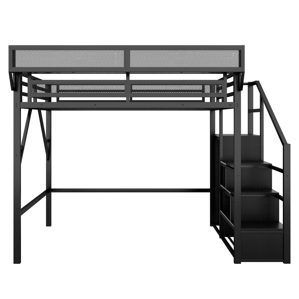 Queen Size Loft Bed with Stairs and Storage Shelves - Black