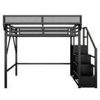 Queen Size Loft Bed with Stairs and Storage Shelves - Black