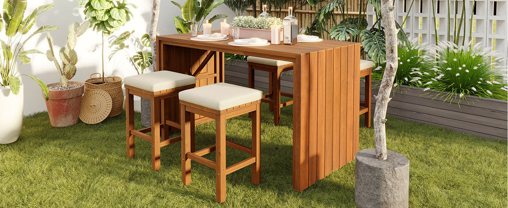 Acacia Wood 5 Piece Outdoor Bar Set with Cushioned Stools - Natural
