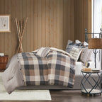Herringbone Comforter Set with Buffalo Plaid - King, Neutral, 7 Piece