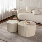 Beige Nesting Coffee Table Set of 2 – Modern Drum Side Tables with Wave Design - Beige