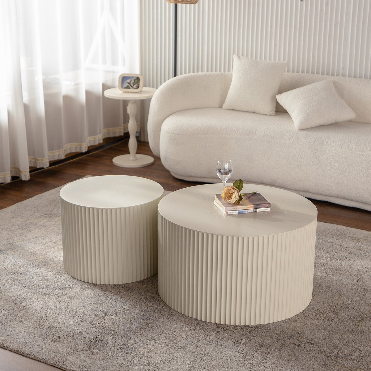 Beige Nesting Coffee Table Set of 2 – Modern Drum Side Tables with Wave Design - Beige