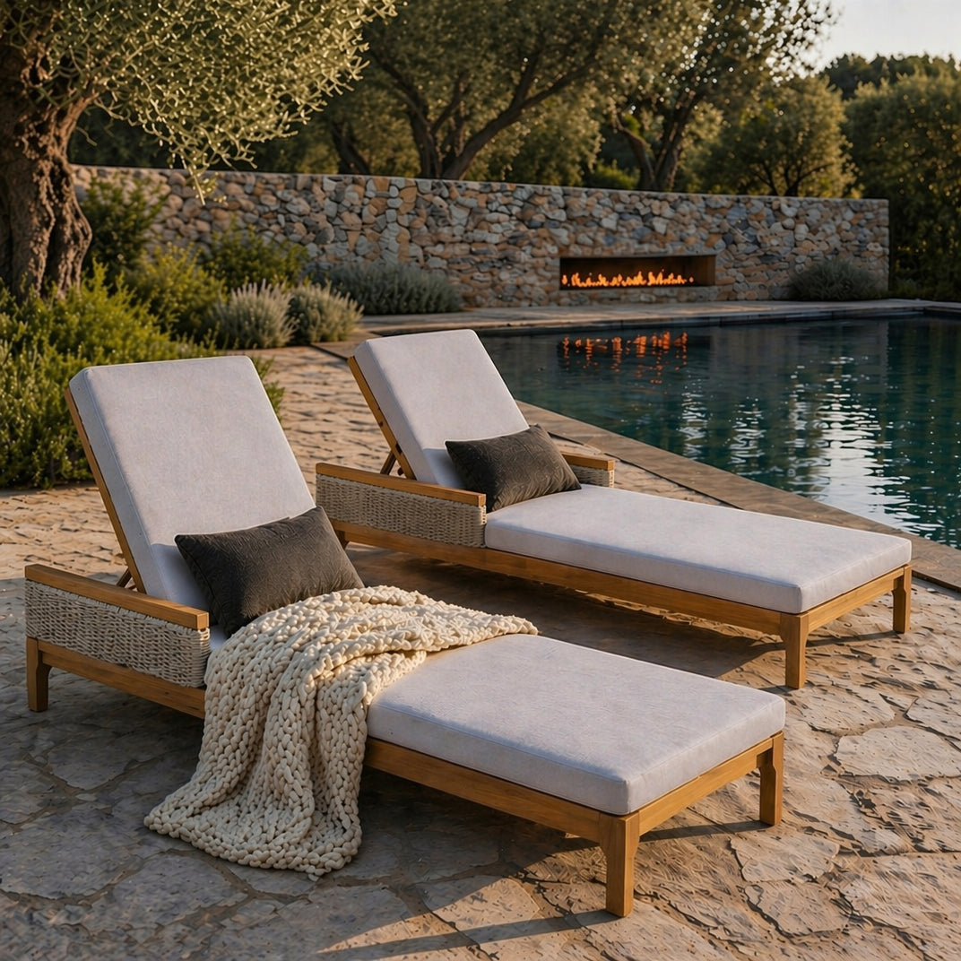 Solid Acacia Wood Sun Lounger Set with Grey Cushions - Outdoor