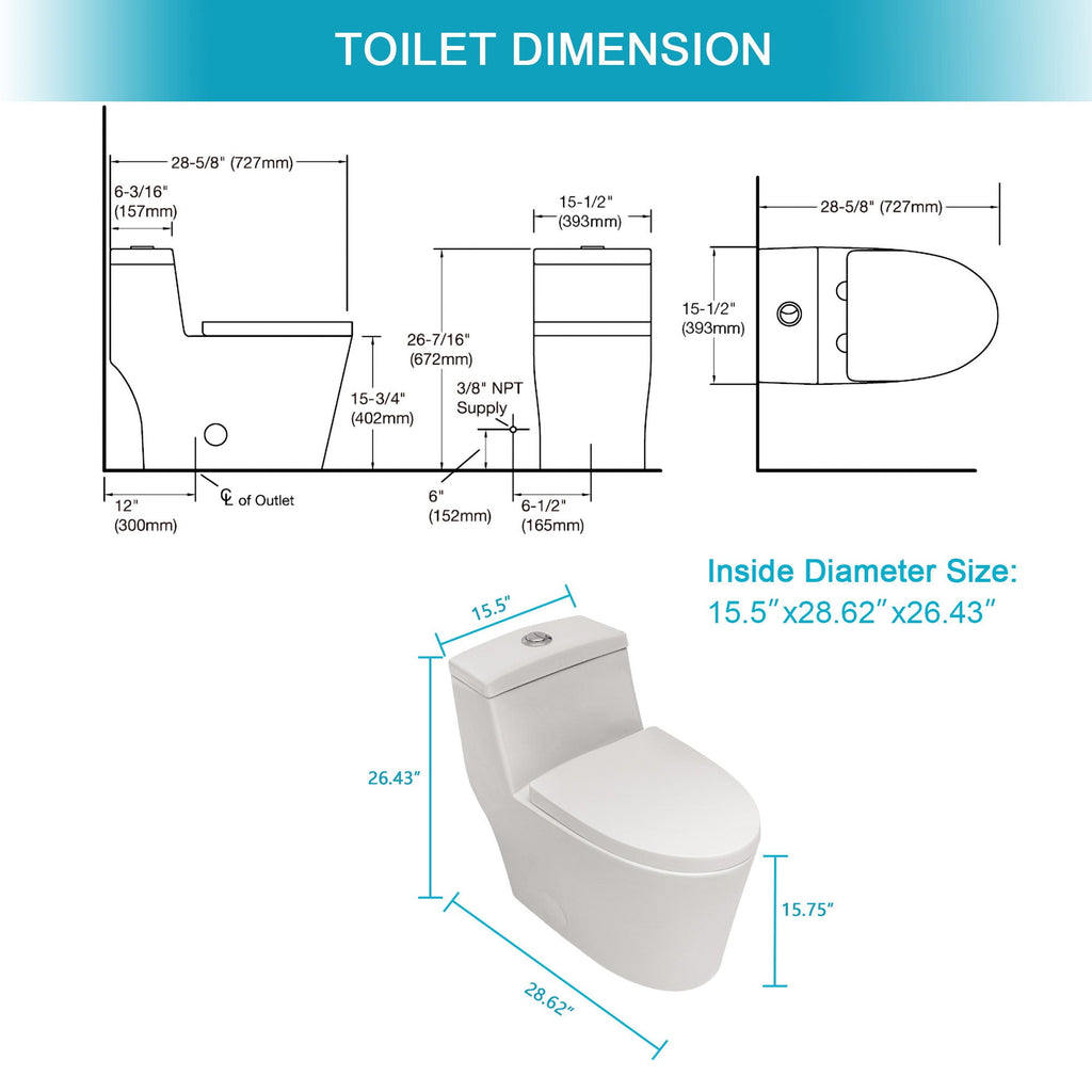 Dual Flush 1 Piece Toilet with Soft Closing Seat - White
