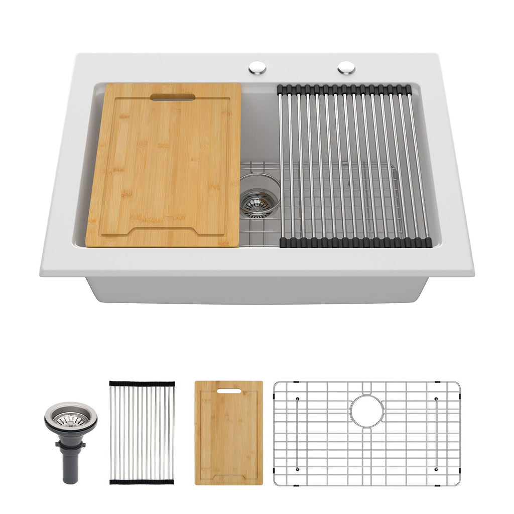 Quartz Kitchen Sink 30" x 22" Granite Composite Workstation Drop In - White