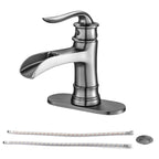 Brushed Nickel Waterfall Spout Bathroom Faucet with Single Handle and Pop Up Drain