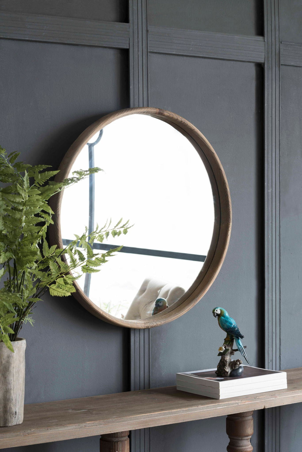 Round Wood Wall Mirror with Durable Fir Frame - Light Brown