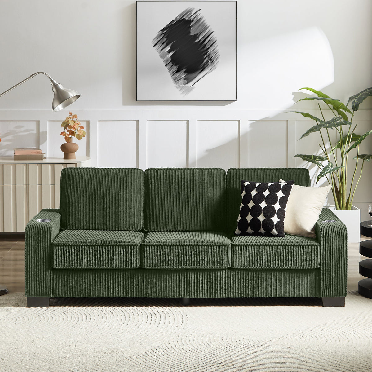 Modern Corduroy 3-Seater Sofa with Cup Holders - Black, Gray, Beige, Pink, or Green