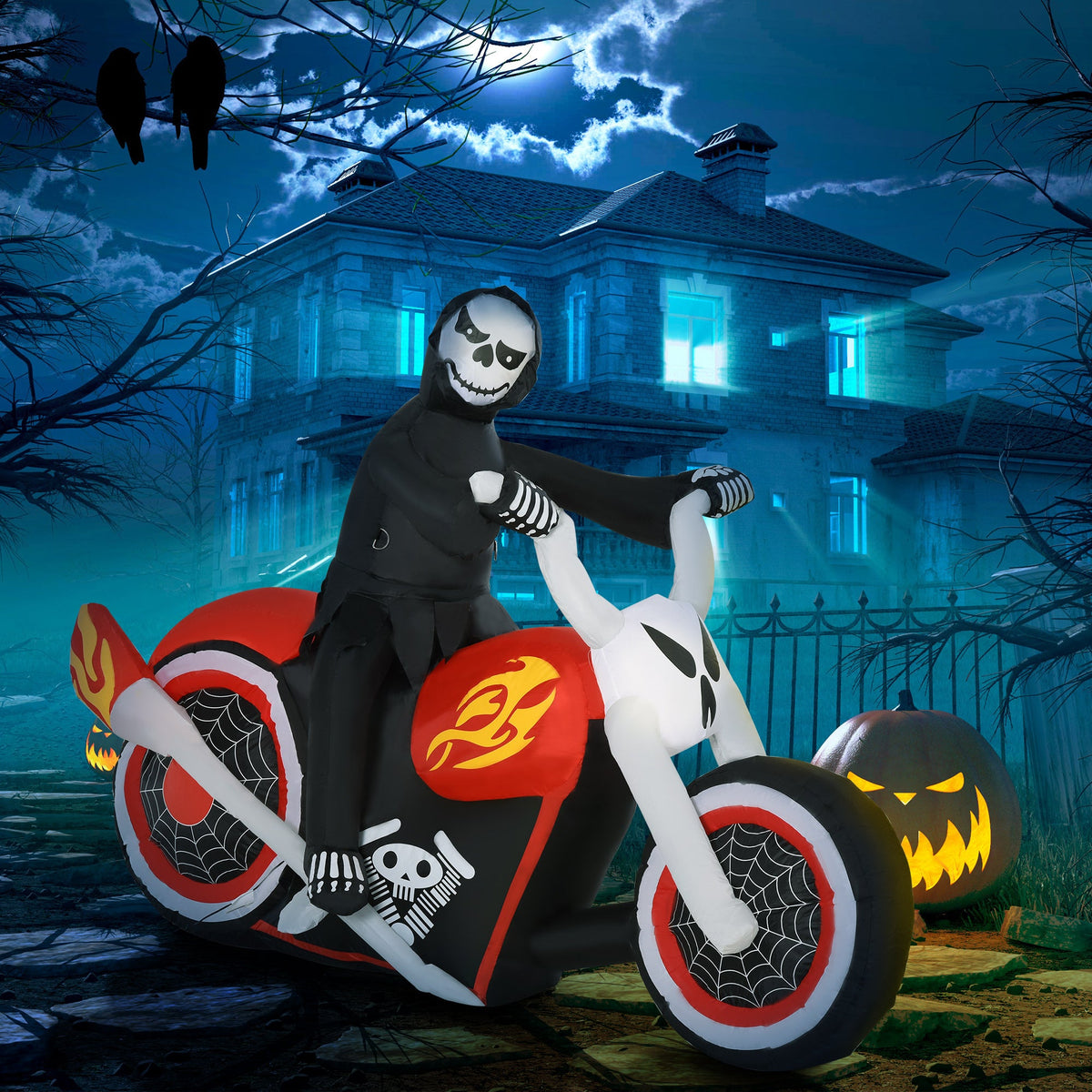 6' Halloween Inflatable Grim Ghost Biker with LED Lights - White