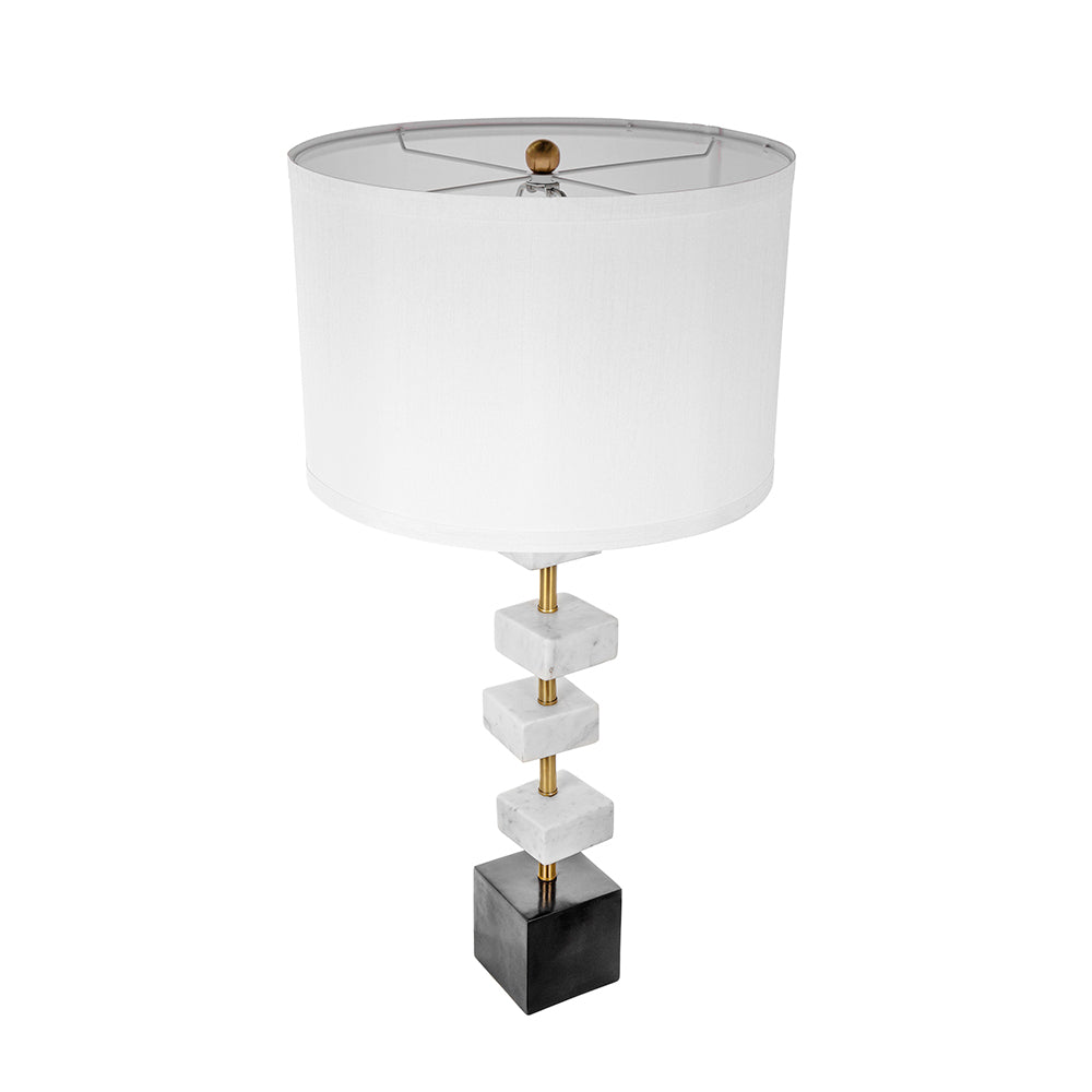 White Marble Table Lamp with Brass Frame and Fabric Shade - 15" W x 30" H