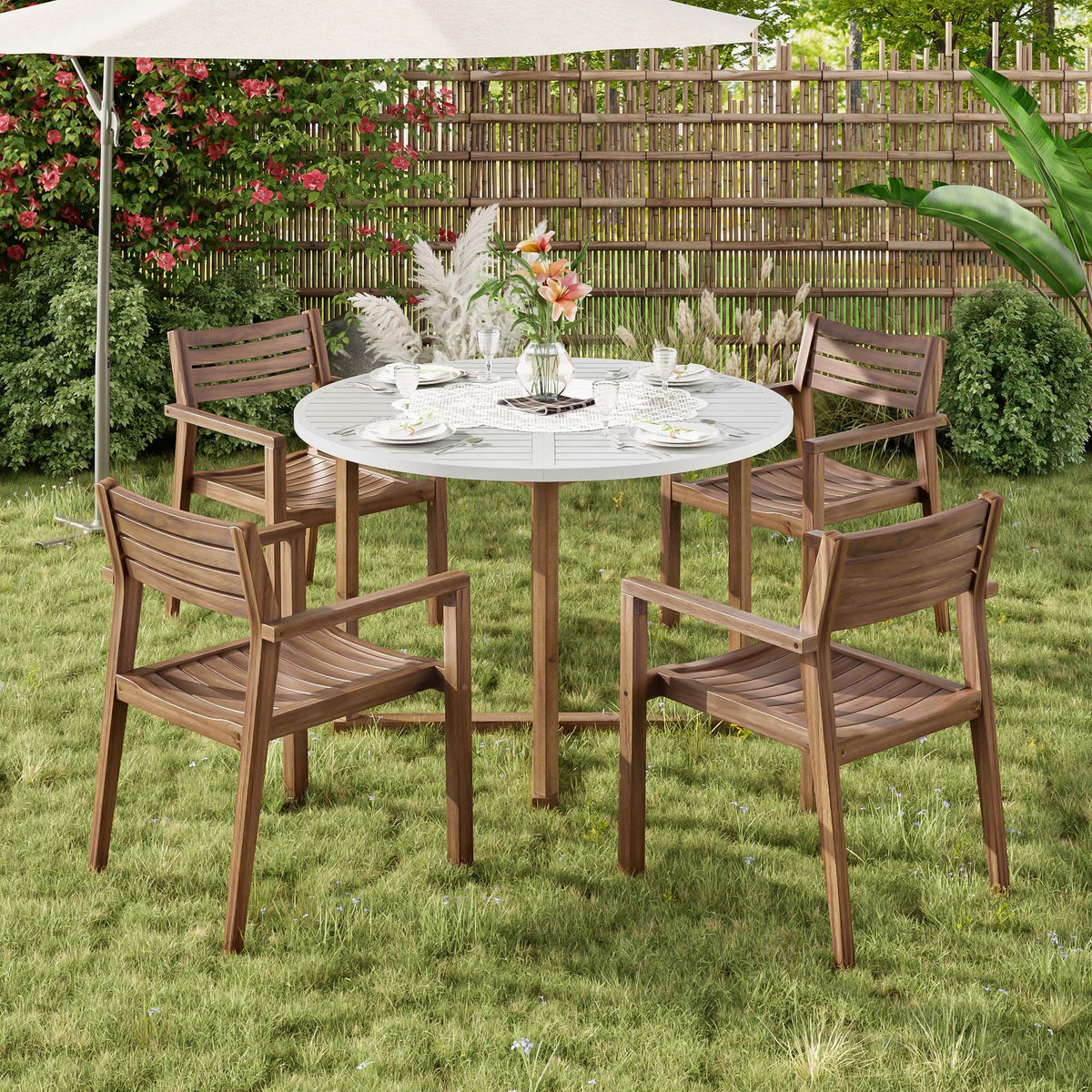 Acacia Wood Outdoor Dining Set with 47.2" Round Table - Natural