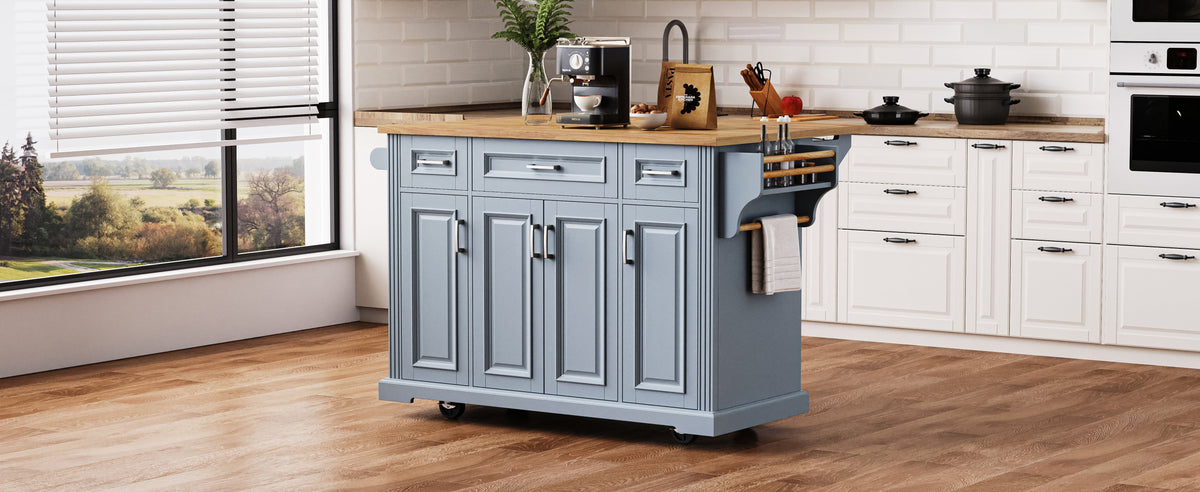 54" Large Kitchen Island with Rubber Wood Drop Leaf and Storage - Brown