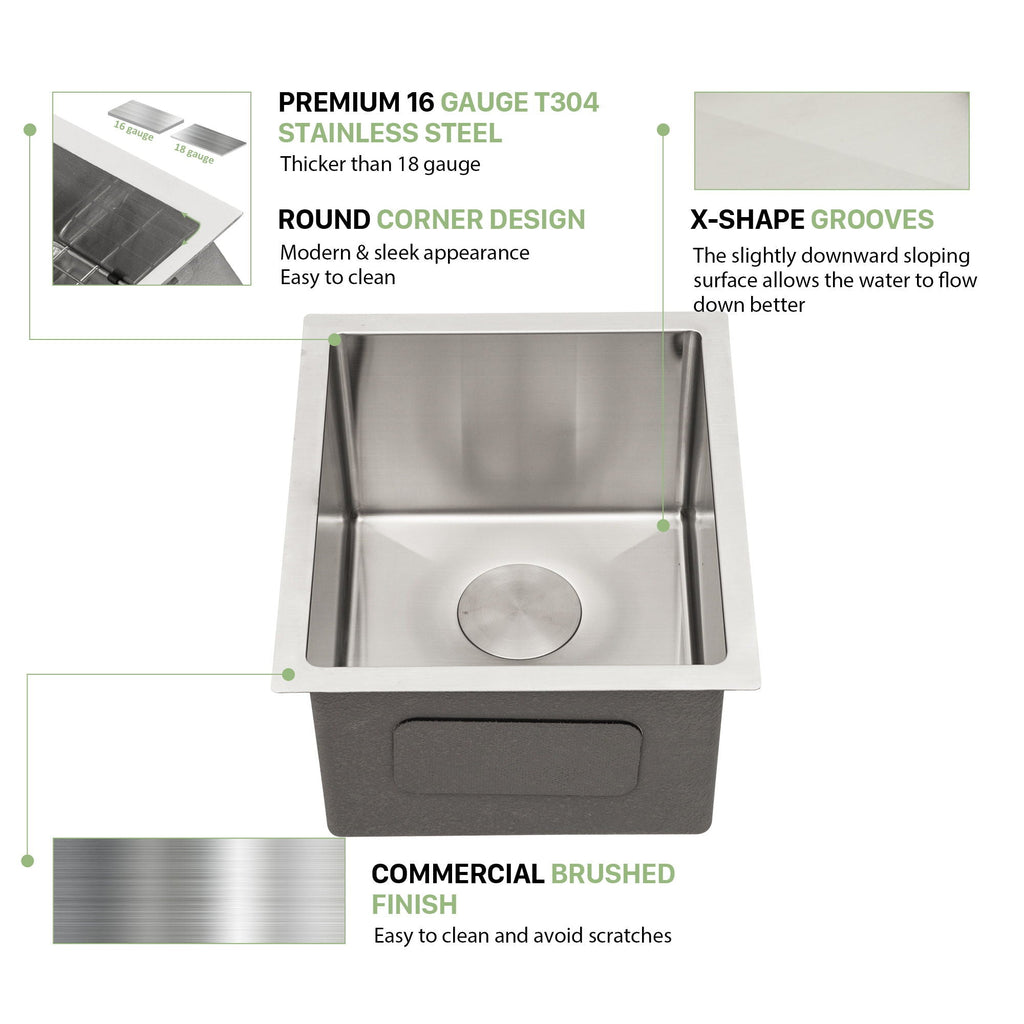 Modern Undermount Stainless Steel Kitchen Sink 16 Gauge, Deep Single Bowl - Gray
