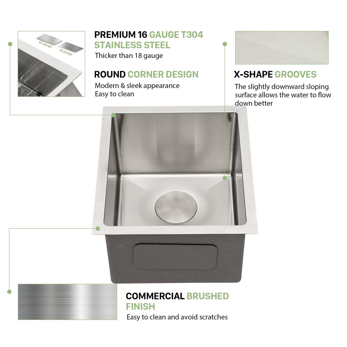 Modern Undermount Stainless Steel Kitchen Sink 16 Gauge, Deep Single Bowl - Gray